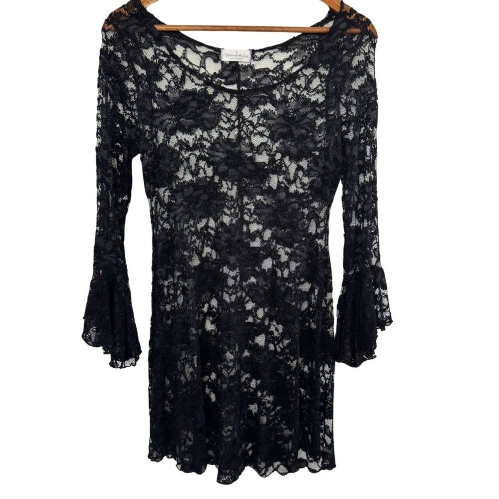 Black Lace Bell Sleeve Goth Dress Boho Witchy Festival Mini Cover Up Small